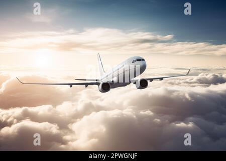 Passagers avion commercial volant au-dessus des nuages Banque D'Images