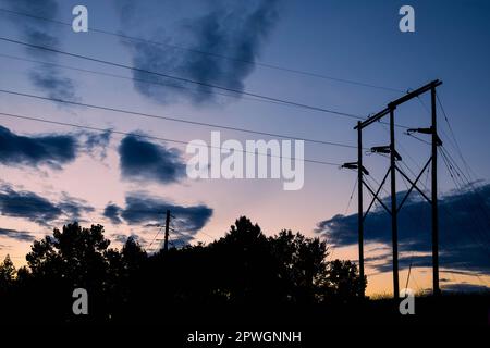Lignes électriques en silhouette au coucher du soleil Banque D'Images