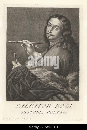 Salvator Rosa, peintre et poète baroque italien, 1615-1673. Des paysages romantiques peints et des peintures d'histoire. Avec pinceau et stylo à douille. Pittore, Poeta. Gravure de coperplate dessinée et gravée par Giovanni Domenico Campiglia après un autoportrait de l'artiste du Museo Florentino (Musée Florentinum) de Francesco Moucke, série di Ritratti de Pittori (série de Portraits de Peintres) stampia Mouckiana, Florence, 1752-62. Banque D'Images