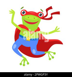 Héros grenouille verte, illustration de dessin animé de personnage animal. Drôle de petit super-héros dans le cap et masque sur fond blanc Illustration de Vecteur