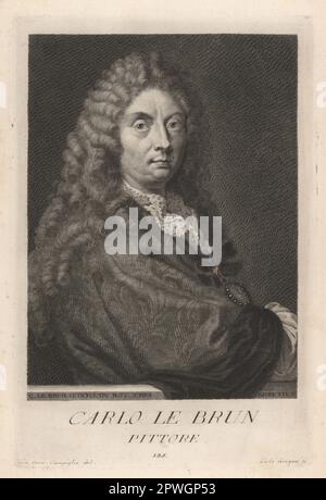 Charles le Brun, peintre français, physiologiste, théoricien de l'art, directeur de plusieurs écoles d'art et peintre de cour du roi Louis XIV, 1619-1690. Carlo le Brun, Pittore. Gravure sur plaque de coperplate par Carlo Gregori d'après Giovanni Domenico Campiglia après un autoportrait de l'artiste du Museo Florentino de Francesco Moucke, série di Ritratti de Pittori (série de Portraits de Peintres) stampia Mouckiana, Florence, 1752-62. Banque D'Images