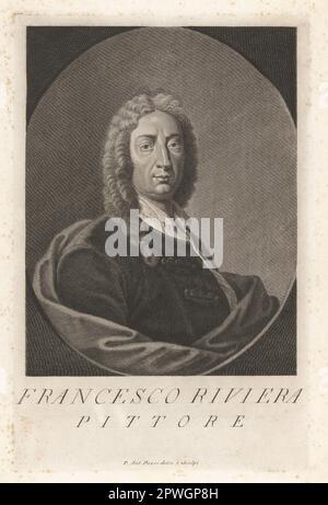 François Riviere, décédé en 1746, peintre et dessinateur français qui s'est installé à Leghorn, en Italie. Francesco Riviera, Pittore. Gravure de coperplate dessinée et gravée par Pietro Antonio Pazzi après un autoportrait de l'artiste du Museo Florentino de Francesco Moucke, série di Ritratti de Pittori (série de Portraits de Peintres) stampia Mouckiana, Florence, 1752-62. Banque D'Images