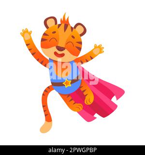 Héros tigre rayé, dessin animé de personnage animal. Drôle de petit super-héros dans le cap et masque sur fond blanc Illustration de Vecteur