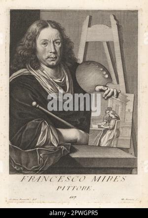 Frans van Mieris The Elder, peintre néerlandais de genre et de portrait de l'âge d'or, 1635-1681. Tenant une petite peinture, palette et bâton de mahl, devant un chevalet. Francesco Mires, Pittore. Gravure sur plaque de coperplate de Francesco Maria Francia après Giovanni Domenico Campiglia après un autoportrait de l'artiste du Museo Florentino de Francesco Moucke, Serie di Ritratti de Pittori (série de Portraits de Peintres) stampia Mouckiana, Florence, 1752-62. Banque D'Images