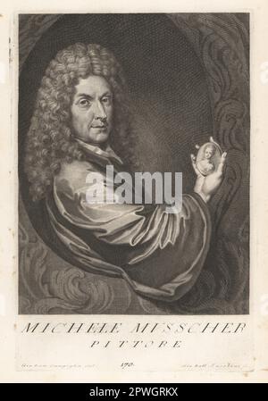 Michiel van Musscher, peintre néerlandais de l'âge d'or, 1645-1705. Perruque en poudre et robe en satin tenant un portrait miniature. Michele Musscher, Pittore. Gravure sur plaque de coperplate par Giovanni Battista Jacoboni d'après Giovanni Domenico Campiglia après un autoportrait de l'artiste du Museo Florentino de Francesco Moucke, Serie di Ritratti de Pittori (série de Portraits de Peintres) stampia Mouckiana, Florence, 1752-62. Banque D'Images