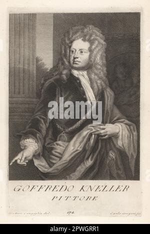 Sir Godfrey Kneller, 1st Baronet, né Gottfried Kniller à Lubeck, Allemagne, 1646-1723. Le plus grand peintre de portrait en Angleterre à la fin de 17th et au début de 18th siècles. Il porte une chaîne d'or avec un médaillon de portrait du roi William III Goffredo Kneller, Pittore. Gravure sur plaque de coperplate par Carlo Gregori d'après Giovanni Domenico Campiglia après un autoportrait de l'artiste du Museo Florentino de Francesco Moucke, série di Ritratti de Pittori (série de Portraits de Peintres) stampia Mouckiana, Florence, 1752-62. Banque D'Images