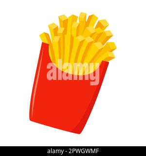 Frites dans l'illustration de la boîte de dessin animé rouge. Pommes de terre frites sur plaque avec divers trempettes, mayonnaise, ketchup isolé sur blanc Illustration de Vecteur