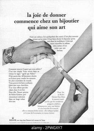 1965 Rolex Watch publicité imprimée française. Publicité montres Rolex Oyster Day-date et Rolex-Geneve. Banque D'Images