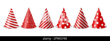 Ensemble d'icônes de chapeau d'anniversaire Vector 3D réaliste rouge et blanc isolé sur fond blanc. Modèle de création de plafond de fête pour bannière de fête, carte de vœux Illustration de Vecteur