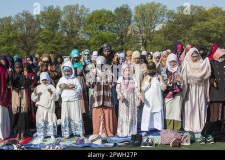 Des musulmans de diverses mosquées de Brooklyn assistent à un service de prière sur Eid à la fin du ramadan à Prospect Park, Brooklyn, New York. Banque D'Images