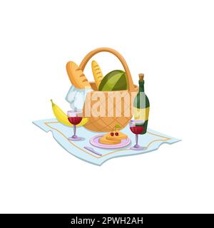 Nourriture pour pique-nique d'été dans le panier sur l'illustration de dessin animé de nappe Illustration de Vecteur