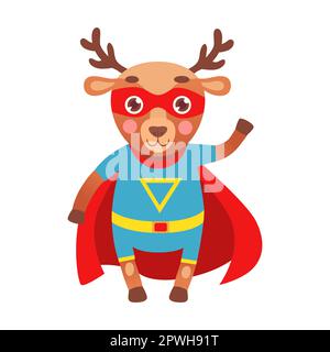 Cerf de forêt de héros, illustration de dessin animé de personnage d'animal. Drôle de petit super-héros dans le cap et masque sur fond blanc Illustration de Vecteur