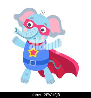 Illustration de héros éléphant, personnage animal. Drôle de petit super-héros dans le cap et masque sur fond blanc Illustration de Vecteur