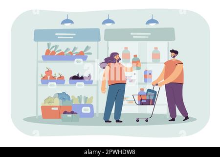 Clients joyeux magasiner au supermarché avec le chariot Illustration de Vecteur