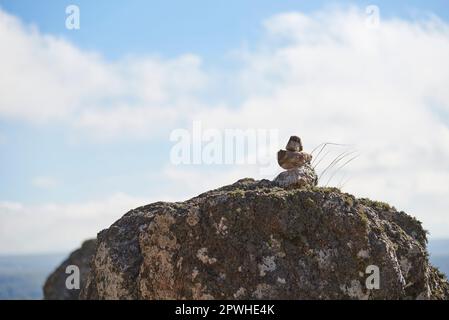 Pirca, tas de pierres utilisé comme marqueur de sentier pour les randonneurs à suivre le bon chemin, à Los Gigantes, Cordoue, Argentine, une destination montagneuse. Banque D'Images