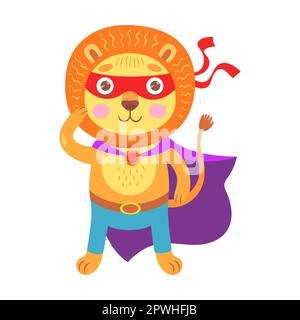 Héros brave lion, illustration de dessin animé de personnage animal. Drôle de petit super-héros dans le cap et masque sur fond blanc Illustration de Vecteur