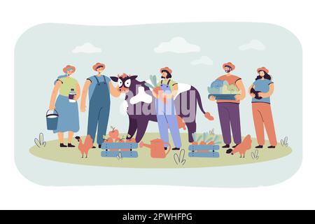 Groupe heureux fermiers gardant la vache et la volaille Illustration de Vecteur