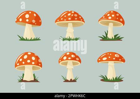 Jeu d'icônes de mashroom plat de dessin animé à la main Vector. Amanita muscaria, Fly agaric Illustration, collection de champignons. Symbole de champignons magiques, Design Illustration de Vecteur