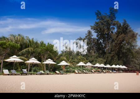 Chaises longues sur la plage, Ninh Chu Resort, Phan rang, Ninh Thuan, Vietnam Banque D'Images