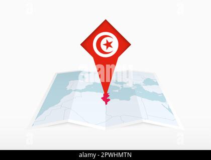 La Tunisie est représentée sur une carte papier pliée et un marqueur de position épinglé avec le drapeau de la Tunisie. Carte vectorielle pliée. Illustration de Vecteur