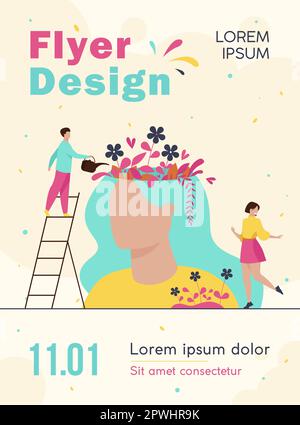 Des gens minuscules et un beau jardin de fleurs à l'intérieur de la tête de la femme Illustration de Vecteur