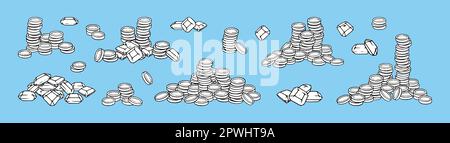 Piles de pièces de monnaie et piles de pierres précieuses. Monnaie de jeu avec pierres et pièces de monnaie. Illustration vectorielle isolée sur fond bleu Illustration de Vecteur