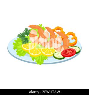 Crevettes avec légumes. Plaque avec illustration vectorielle plate de fruits de mer. Plat de poisson ou de crevettes, saumon et salade isolés sur blanc. Nourriture ou fruits de mer Illustration de Vecteur