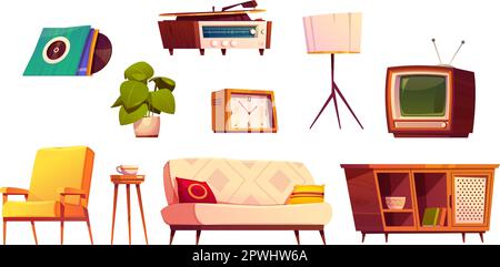 Mobilier rétro pour l'intérieur de la maison. Canapé vintage, fauteuil, vieux tv, lecteur de disques, lampadaire, disques vinyles et horloge isolée sur fond blanc, ensemble de dessins animés vectoriels Illustration de Vecteur