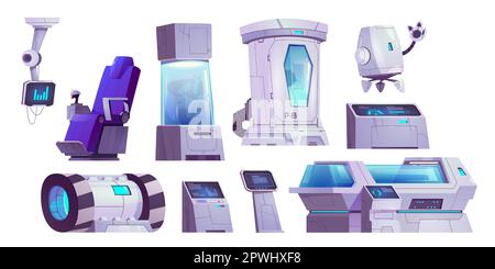 Kit de laboratoire isolé futuriste pour la science des capsules cryogéniques. Équipement de laboratoire de dessin animé avec robot à l'intérieur du vaisseau spatial. Technologie Cryonics sur fond blanc. Recherche et expérience en hibernation Illustration de Vecteur