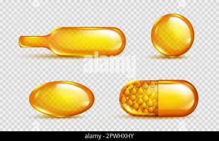 3d huile de vitamine d isolée, q10 comprimés de gélatine capsule icône isolée sur fond transparent. Oméga-or avec gouttelettes liquides. Supplément de collagène réaliste médical pour le traitement de la peau mockup. Illustration de Vecteur