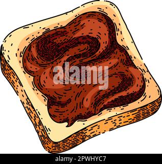 pâte de chocolat toast tirée à la main. tartiner la crème, pain noisette, bol, cuillère à couteau, pâte de chocolat beurre noisette toast vector sketch. couleur isolée Illustration de Vecteur