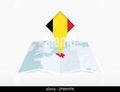 La Belgique est représentée sur une carte papier pliée et un marqueur de position épinglé avec drapeau de la Belgique. Carte vectorielle pliée. Illustration de Vecteur