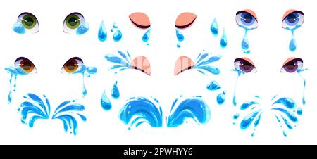 Jeu d'icônes de bande dessinée à effet lacrymogène et vecteur oculaire. Illustration de courant d'eau de Cry isolée sur fond blanc. Expression de désespoir avec collection de dessin de suintement liquide. Notion de douleur ou d'émoticône Illustration de Vecteur