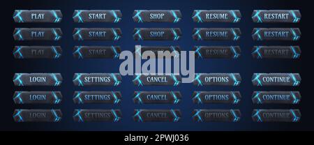 Jeu de pierre ancien boutons d'animation ensemble. Illustration vectorielle de cadres avec fissures bleu néon. Lire, démarrer, acheter, reprendre, redémarrer, connexion, paramètres, cliquez sur feuille d'image-objet d'action. Éléments de conception de l'interface graphique Illustration de Vecteur