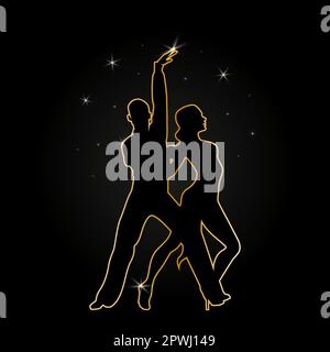Les danseurs coupent des silhouettes noires avec un contour doré sur fond noir. Modèle d'affiche de danse de couple. Illustration vectorielle de danse de salle de bal Illustration de Vecteur