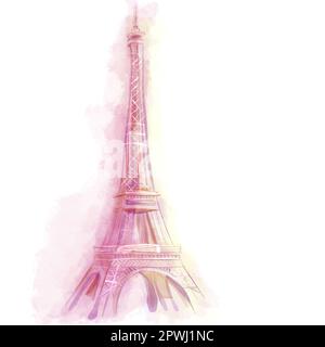 Dessin aquarelle de la tour Eiffel à Paris sur fond blanc, style isolé et romantique. Banque D'Images