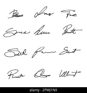 Jeu de signatures d'écriture manuscrite. Pack vectoriel avec signatures griffées d'écriture personnelle imaginaire isolées. Illustration de Vecteur