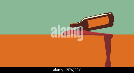 Une bouteille de vin est tombée et s'est répandue sur la table. Illustration vectorielle de style rétro Illustration de Vecteur