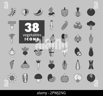 Ensemble d'icônes de niveaux de gris vecteur isolées de légumes. Symbole graphique pour le site Web de restauration, la conception d'applications, les applications mobiles et les médias imprimés, le logo, l'interface utilisateur Illustration de Vecteur