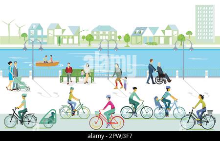 Piétons et cyclistes sur la rivière, illustration Illustration de Vecteur