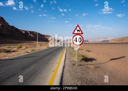 Attention Camel et 40 kmh route panneau sur la route Wadi Rum dans le désert de Jordanie Banque D'Images