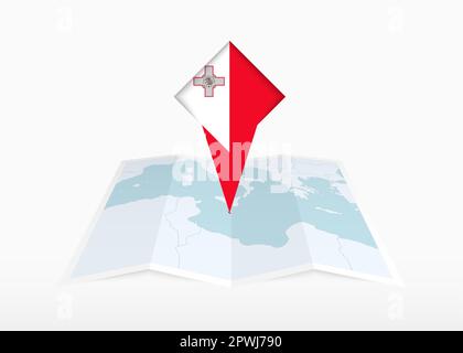 Malte est représentée sur une carte papier pliée et un marqueur de localisation épinglé avec le drapeau de Malte. Carte vectorielle pliée. Illustration de Vecteur