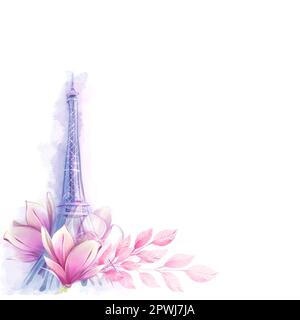 Illustration aquarelle de la tour eiffel et des magnolias, motif printanier, bordure de style romantique. Romance française, clipart. Banque D'Images