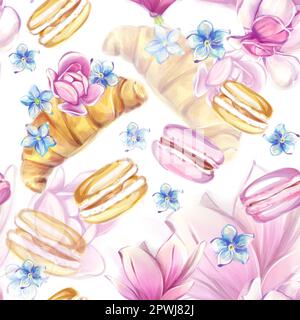 Motif sans couture sur le thème du petit déjeuner français, de la boulangerie, des macarons, des magnolias dans un style aquarelle. Motif fleuri romantique. Idéal pour les textiles, sc Banque D'Images