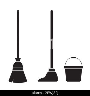 Un balai, une vadrouille et un seau sur fond blanc avec espace de copie Illustration de Vecteur