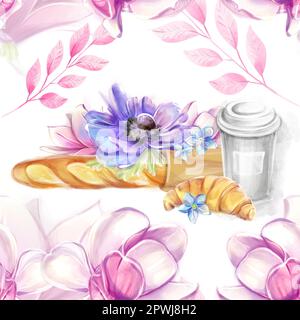 Motif sans couture pour les pâtisseries françaises sur fond de magnolias dans un style aquarelle. Motif fleuri romantique. Idéal pour le textile, l'industrie, la scr Banque D'Images