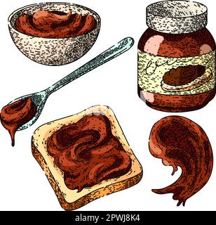 ensemble de pâtes au chocolat dessinées à la main. crème à tartiner, pain noisette, bol, cuillère à couteau, croquis vectoriel de pâte de chocolat aux noix de beurre. illustrateur de couleur isolé Illustration de Vecteur