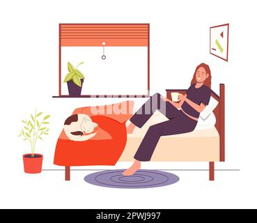 Une femme se réveille sur le lit de bonne humeur. Vecteur de la femme de la chambre à coucher, humeur du matin avec café et illustration de chat Illustration de Vecteur