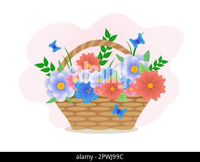 Bouquet de fleurs pour la Fête des mères, vecteur avec différentes fleurs dans un panier et papillons. Illustration de Vecteur
