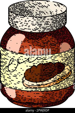 pot de pâte de chocolat tiré à la main. crème à tartiner, pain noisette, couteau à cacao, cuillère beurre, noix crémeuse pâte de chocolat bocal esquisse vectorielle. couleur isolée Illustration de Vecteur